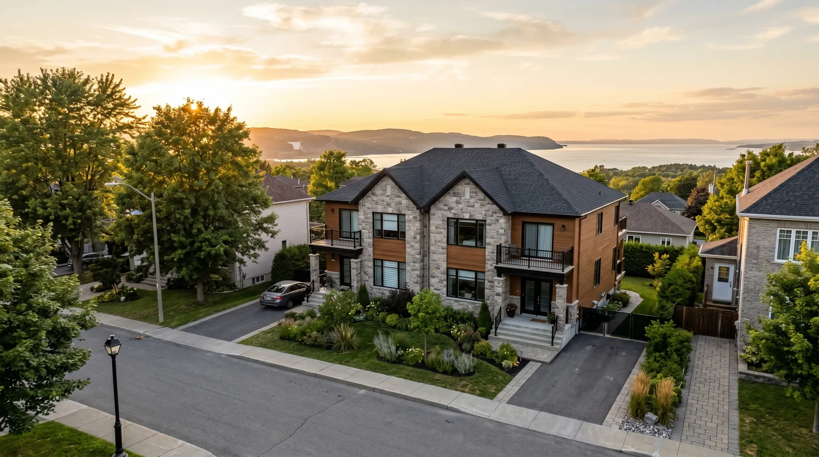Résidence neuve en pierre et bois réalisée par Madison Construction, au coucher du soleil